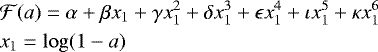 Mathematical equation: \begin{eqnarray*}&&\mathcal{F}(a) = \alpha + \beta x_1 + \gamma x_1^2 + \delta x_1^3 + \epsilon x_1^4 + \iota x_1^5 + \kappa x_1^6 \nonumber \\ &&x_1 = \log(1-a) \end{eqnarray*}