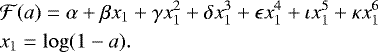 Mathematical equation: \begin{align*}&\mathcal{F}(a) = \alpha + \beta x_1 + \gamma x_1^2 + \delta x_1^3 + \epsilon x_1^4 + \iota x_1^5 + \kappa x_1^6 \nonumber \\ &x_1 = \log(1-a). \end{align*}