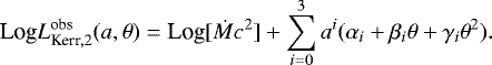 Mathematical equation: \begin{equation*}\text{Log} L^{\textrm{obs}}_{\textrm{Kerr}, 2}(a, \theta) = \text{Log} [\dot{M} c^2] + \sum_{i = 0}^{3} a^{i} (\alpha_i + \beta_i \theta + \gamma_i \theta^2). \end{equation*}