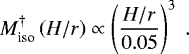 Mathematical equation: \begin{equation*} M_{\textrm{iso}}^{\dagger} \left(H/r\right) \propto \left(\frac{H/r}{0.05}\right)^3 \ . \end{equation*}