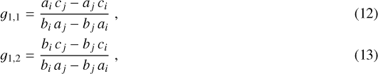 Mathematical equation: $ g_{1,1} = \frac{a_i \, c_j - a_j \, c_i} {b_i \, a_j - b_j \, a_i} \;,\\ g_{1,2} = \frac{b_i \, c_j - b_j \, c_i} {b_i \, a_j - b_j \, a_i} \;,$