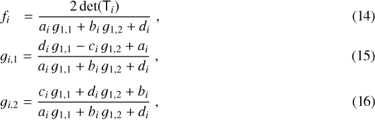 Mathematical equation: $ f_i~~\, = \frac{2 \det ({\ensuremath{\textsf{T}}}_i)}{a_i \, g_{1,1} + b_i \, g_{1,2} + d_i} \;,\\ g_{i,1} = \frac{d_i \, g_{1,1} - c_i \, g_{1,2} + a_i}{a_i \, g_{1,1} + b_i \, g_{1,2} + d_i} \;,\\ g_{i,2} = \frac{c_i \, g_{1,1} + d_i \, g_{1,2} + b_i}{a_i \, g_{1,1} + b_i \, g_{1,2} + d_i} \;,$