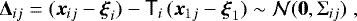 Mathematical equation: $\vec {\mathrm{\Delta}}_{ij} = (\vec x_{ij} - \vec \xi_i) - {\ensuremath{\textsf{T}}}_i \, (\vec x_{1j} - \vec \xi_1) \sim \mathcal{N}(\vec 0, {\ensuremath{{\mathrm{\Sigma}}}}_{ij}) \;, $