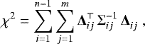 Mathematical equation: $\chi^2 = \sum_{i=1}^{n-1} \sum_{j=1}^{m} \vec {\mathrm{\Delta}}_{ij}^{\top} \, {\ensuremath{{{\mathrm{\Sigma}}}}}_{ij}^{-1} \, \vec {\mathrm{\Delta}}_{ij}^{} \;, $