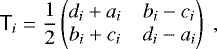 Mathematical equation: $ {\ensuremath{\textsf{T}}}_i = \frac{1}{2} \begin{pmatrix} d_i + a_i & b_i - c_i \\ b_i + c_i & d_i - a_i \end{pmatrix} \;, $