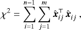 Mathematical equation: $\chi^2 = \sum_{i=1}^{n-1} \sum_{j=1}^{m} \hat{\vec x}_{ij}^{\top} \, \hat{\vec x}_{ij}^{} \;, $