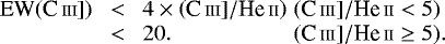 Mathematical equation: \begin{eqnarray*} \begin{array}{l} \textrm{EW}(\textrm{C}\,{\scriptstyle{\textrm{III}}}]) \\ \\ \end{array} \begin{array}{ll} \ \ < \ \ 4 \times \left(\textrm{C}\,{\scriptstyle{\textrm{III}}}]/\textrm{He}\,{\scriptstyle{\textrm{II}}} \right) & (\textrm{C}\,{\scriptstyle{\textrm{III}}}]/\textrm{He}\,{\scriptstyle{\textrm{II}}} < 5) \\ \ \ < \ \ 20. & (\textrm{C}\,{\scriptstyle{\textrm{III}}}]/\textrm{He}\,{\scriptstyle{\textrm{II}}} \ge 5). \end{array}\end{eqnarray*}