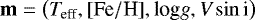 Mathematical equation: $\textbf{m} = \left(\textit{T}_{\textrm{eff}}, [\textrm{Fe}/\textrm{H}], \textrm{log} \textit{g}, \textit{V} \sin {\textrm{i}} \right)$
