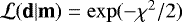 Mathematical equation: $\mathcal{L}(\textbf{d}|\textbf{m}) = \exp (-\chi^2/2)$