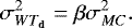 Mathematical equation: \begin{equation*}\sigma_{WT_{\textbf{d}}}^2 = \beta \sigma_{MC}^{2}. \vspace*{-2pt}\end{equation*}