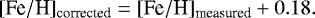 Mathematical equation: \begin{equation*}[\textrm{Fe}/\textrm{H}]_{\textrm{corrected}} = [\textrm{Fe}/\textrm{H}]_{\textrm{measured}} + 0.18. \end{equation*}