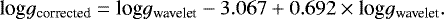 Mathematical equation: \begin{equation*}\textrm{log} g_{\textrm{corrected}} = \textrm{log} g_{\textrm{wavelet}} - 3.067 + 0.692\times {\textrm{log}} g_{\textrm{wavelet}}. \end{equation*}
