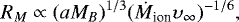 Mathematical equation: \begin{eqnarray*}R_M \propto (aM_B)^{1/3}(\dot{M}_{\textrm{ion}}\upsilon _{\infty})^{-1/6}, \end{eqnarray*}
