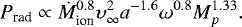 Mathematical equation: \begin{eqnarray*}P_{\textrm{rad}} \propto \dot{M}_{\textrm{ion}}^{0.8}\upsilon _{\infty}^{2}a^{-1.6}\omega^{0.8}M_p^{1.33}. \end{eqnarray*}