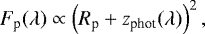 Mathematical equation: \begin{equation*}F_{\textrm{p}}(\lambda) \propto \left(R_{\textrm{p}} + z_{\textrm{phot}}(\lambda)\right)^2, \end{equation*}