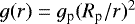 Mathematical equation: $g(r) = g_{\textrm{p}}(R_{\textrm{p}}/r)^2$