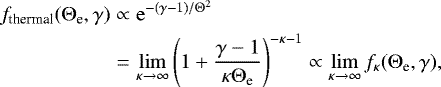 Mathematical equation: \begin{eqnarray*} f_{\textrm{thermal}}({\mathrm{\Theta}}_{\textrm{e}},\mathrm{\gamma}) & \propto& \mathrm{e}^{-(\gamma-1)/\mathrm{\Theta}^2}\nonumber \\ &=&\lim_{\kappa \rightarrow \infty} \left(1+\frac{\gamma - 1}{\kappa \mathrm{\Theta}_{\textrm{e}}}\right)^{-\kappa -1} \propto \lim_{\kappa \rightarrow \infty} f_{\kappa} (\mathrm{\Theta}_{\textrm{e}},\gamma), \end{eqnarray*}