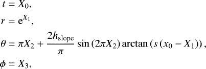 Mathematical equation: \begin{align*} t&=X_0,\\ r&= \mathrm{e}^{X_1}, \\ \theta &= \pi X_2 + \frac{2 h_{\textrm{slope}}}{\pi}\sin\left(2 \pi X_2\right)\arctan\left(s\left(x_0-X_1\right)\right), \\ \phi&=X_3, \end{align*}