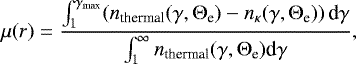 Mathematical equation: \begin{equation*}\mu(r) = \frac{ \int_{1}^{\gamma_{\textrm{max}}} (n_{\textrm{thermal}}(\gamma,{\mathrm{\Theta}}_{\textrm{e}}) - n_{\kappa}(\gamma,{\mathrm{\Theta}}_{\textrm{e}})) \, \textrm{d}\gamma}{\int_1^{\infty} n_{\textrm{thermal}}(\gamma,{\mathrm{\Theta}}_{\textrm{e}}) \textrm{d}\gamma}, \end{equation*}