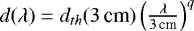 Mathematical equation: $d(\lambda) = d_{th}(3\,\textrm{cm}) \left(\frac{\lambda}{3\,\textrm{cm}}\right)^q$
