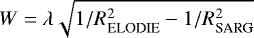 Mathematical equation: $W=\lambda\sqrt{1/R_{\textrm{ELODIE}}^2-1/R_{\textrm{SARG}}^2}$