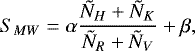 Mathematical equation: \begin{equation*} S_{MW}=\alpha {{\tilde{N}_{H}+\tilde{N}_{K}}\over{\tilde{N}_{R}+\tilde{N}_{V}}} + \beta, \end{equation*}