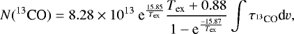 Mathematical equation: \begin{equation*} N{({}^{13}\textrm{CO})} = 8.28 \times 10^{13}~\textrm{e}^{\frac{15.85}{T_{\textrm{ex}}}}\frac{T_{\textrm{ex}} + 0.88}{1 - \textrm{e}^{\frac{-15.87}{T_{\textrm{ex}}}}} \int{\tau_{{}^{13}\textrm{CO}}\textrm{d}v},\end{equation*}