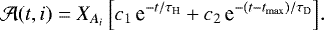 Mathematical equation: $ \mathcal{A}(t,i)=X_{A_{i}}\left[ c_1 \, \textrm{e}^{-t/ \tau_{\textrm{H}}}+ c_2 \, \textrm{e}^{-(t-t_{\max})/ \tau_{\textrm{D}}} \right]\!.$