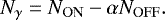 Mathematical equation: \begin{equation*}N_{\gamma}=N_{\mathrm{ON}}-\alpha{}N_{\mathrm{OFF}}. \end{equation*}