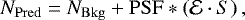 Mathematical equation: \begin{equation*}N_{\mathrm{Pred}} = N_{\mathrm{Bkg}} + \mathrm{PSF} \ast \left( \mathcal{E} \cdot S \right) ,\end{equation*}