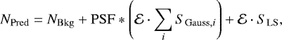 Mathematical equation: \begin{equation*} N_{\mathrm{Pred}} = N_{\mathrm{Bkg}} + \mathrm{PSF} \ast \left( \mathcal{E} \cdot \sum_{i} S_{\mathrm{Gauss},i} \right) + \mathcal{E} \cdot S_{\mathrm{LS}},\end{equation*}