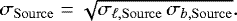 Mathematical equation: \begin{equation*} \sigma_{\mathrm{Source}} = \sqrt{ \sigma_{\ell, \mathrm{Source}}\, \sigma_{b, \mathrm{Source}} }.\end{equation*}