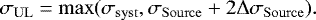Mathematical equation: \begin{equation*} \sigma_{\mathrm{UL}} = \max(\sigma_{\mathrm{syst}}, \sigma_{\mathrm{Source}} + 2\mathrm{\Delta} \sigma_{\mathrm{Source}}).\end{equation*}
