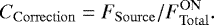 Mathematical equation: \begin{equation*}C_{\mathrm{Correction}} = F_{\mathrm{Source}} / F_{\mathrm{Total}}^{\mathrm{ON}}. \end{equation*}