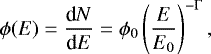 Mathematical equation: \begin{equation*} \phi(E) = \frac{\textrm{d}N}{\textrm{d}E} = \phi_0 \left(\frac{E}{E_0}\right)^{-\mathrm{\Gamma}},\end{equation*}