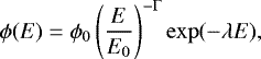 Mathematical equation: \begin{equation*} \phi(E) = \phi_0 \left(\frac{E}{E_0}\right)^{-\mathrm{\Gamma}} \exp(-\lambda E),\end{equation*}