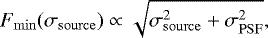 Mathematical equation: \begin{equation*} F_{\mathrm{min}}(\sigma_{\mathrm{source}}) \propto \sqrt{\sigma_{\mathrm{source}}^2 + \sigma_{\mathrm{PSF}}^2},\end{equation*}