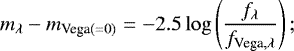 Mathematical equation: \begin{equation*}m_{\lambda}-m_{\textrm{Vega}(=0)} = -2.5 \log \left(\frac{f_{\lambda}}{f_{\textrm{Vega},\lambda}}\right) ;\end{equation*}