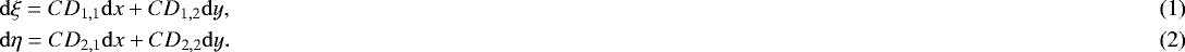 Mathematical equation: \begin{align} &\mathrm{d}\xi = CD_{1,1}\mathrm{d}x+CD_{1,2}\mathrm{d}y,\\ &\mathrm{d}\eta = CD_{2,1}\mathrm{d}x+CD_{2,2}\mathrm{d}y.\end{align}