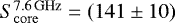 Mathematical equation: $S_{\mathrm{core}}^{7.6\mathrm{\,GHz}}=(141 \pm 10)$