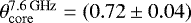 Mathematical equation: $\theta_{\mathrm{core}}^{7.6\mathrm{\,GHz}}=(0.72 \pm 0.04)$