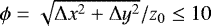 Mathematical equation: $\phi = \sqrt{\mathrm{\Delta} x^2+\mathrm{\Delta} y^2}/z_0 \le 10$