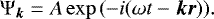 Mathematical equation: \begin{equation*} \mathrm{\Psi}_{\vec{k}} = A \exp { \left(-i (\omega t - {\vec{k}} {\vec{r}}) \right) }.\end{equation*}
