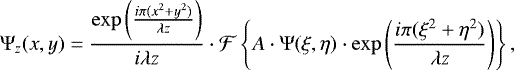 Mathematical equation: \begin{equation*} \mathrm{\Psi}_z (x,y) = \frac{\exp \left(\frac{i\pi (x^2+y^2)}{\lambda z} \right)}{i\lambda z} \cdot \mathcal F \left\{ A \cdot \mathrm{\Psi}(\xi,\eta) \cdot \exp \left(\frac{i \pi (\xi^2+\eta^2)}{\lambda z} \right) \right\}, \end{equation*}