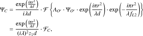 Mathematical equation: \begin{align*} \mathrm{\Psi}_C &= \frac{ \exp \left(\frac{i \pi r^2}{\lambda d} \right) }{i \lambda d} \cdot \mathcal F \left\{ A_{O'} \cdot \mathrm{\Psi}_{O'} \cdot \exp \left(\frac{i \pi r^2}{\lambda d} \right) \cdot \exp \left(- \frac{i \pi r^2}{\lambda f_{L2}} \right) \right\} \nonumber \\ &= \frac{ \exp \left(\frac{i \pi r^2}{\lambda d} \right) }{(i \lambda)^2 z_1 d} \cdot \mathcal F_C, \end{align*}