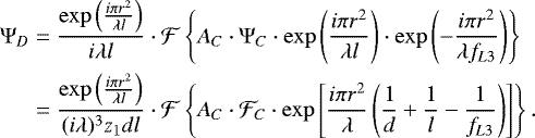 Mathematical equation: \begin{align*} \mathrm{\Psi}_D & = \frac{ \exp \left(\frac{i \pi r^2}{\lambda l} \right) }{i \lambda l} \cdot \mathcal F \left\{ A_C \cdot \mathrm{\Psi}_C \cdot \exp \left(\frac{i \pi r^2}{\lambda l} \right) \cdot \exp \left(- \frac{ i \pi r^2}{\lambda f_{L3}} \right) \right\} \nonumber \\ & = \frac{ \exp \left(\frac{i \pi r^2}{\lambda l} \right) }{ (i \lambda)^3 z_1 d l} \cdot \mathcal F \left\{ A_C \cdot \mathcal F_C \cdot \exp \left[ \frac{ i \pi r^2}{\lambda} \left(\frac1d + \frac1l - \frac1{f_{L3}} \right) \right] \right\}. \end{align*}