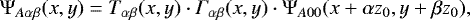 Mathematical equation: \begin{equation*} \mathrm{\Psi}_{A \alpha \beta} (x,y) = T_{\alpha \beta}(x,y) \cdot \Gamma_{\alpha \beta}(x,y) \cdot \mathrm{\Psi}_{A00} (x+\alpha z_0, y+\beta z_0),\end{equation*}