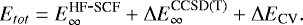 Mathematical equation: \begin{equation*}E_{tot} = E_{\infty}^{\textrm{HF}\hbox{-}\textrm{SCF}} + \mathrm{\Delta} E_{\infty}^{\textrm{CCSD}(\textrm{T})} + \mathrm{\Delta} E_{\textrm{CV}}. \end{equation*}