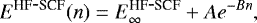 Mathematical equation: \begin{equation*}E^{\textrm{HF}\hbox{-}\textrm{SCF}}(n) = E_{\infty}^{\textrm{HF}\hbox{-}\textrm{SCF}} + Ae^{-Bn}, \end{equation*}