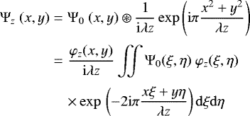 Mathematical equation: \begin{eqnarray*} \mathrm{\Psi}_{z}\ (x, y)&=& \mathrm{\Psi}_{0}\ (x,y) \circledast \frac{1}{\mathrm{i}\lambda z} \exp \left( \mathrm{i}\pi\frac{x^{2}+y^{2}}{\lambda z} \right) \nonumber \\[2pt] &=& \frac{\varphi_{z}(x,y)}{\mathrm{i}\lambda z} \iint \mathrm{\Psi}_{0} (\xi,\eta)\ \varphi_{z}(\xi,\eta)\nonumber\\[2pt] &&\times\exp\,\left(-2\mathrm{i}\pi \frac{x\xi + y\eta}{\lambda z}\right) \mathrm{d}\xi \mathrm{d}\eta\end{eqnarray*}